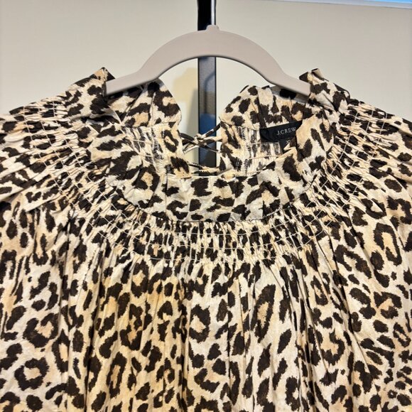 J. Crew Leopard Animal Print Ruffle Neck Smocked Puff Sleeve Dress - Picture 4 of 15